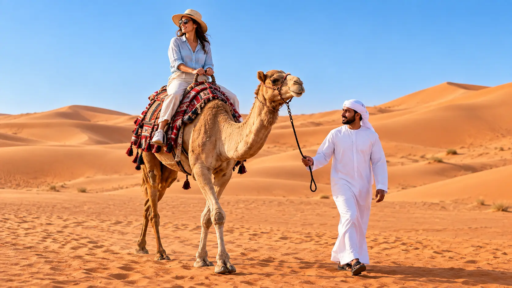 ركوب الجمال في الصحراء خلال رحلة السفاري الصباحية