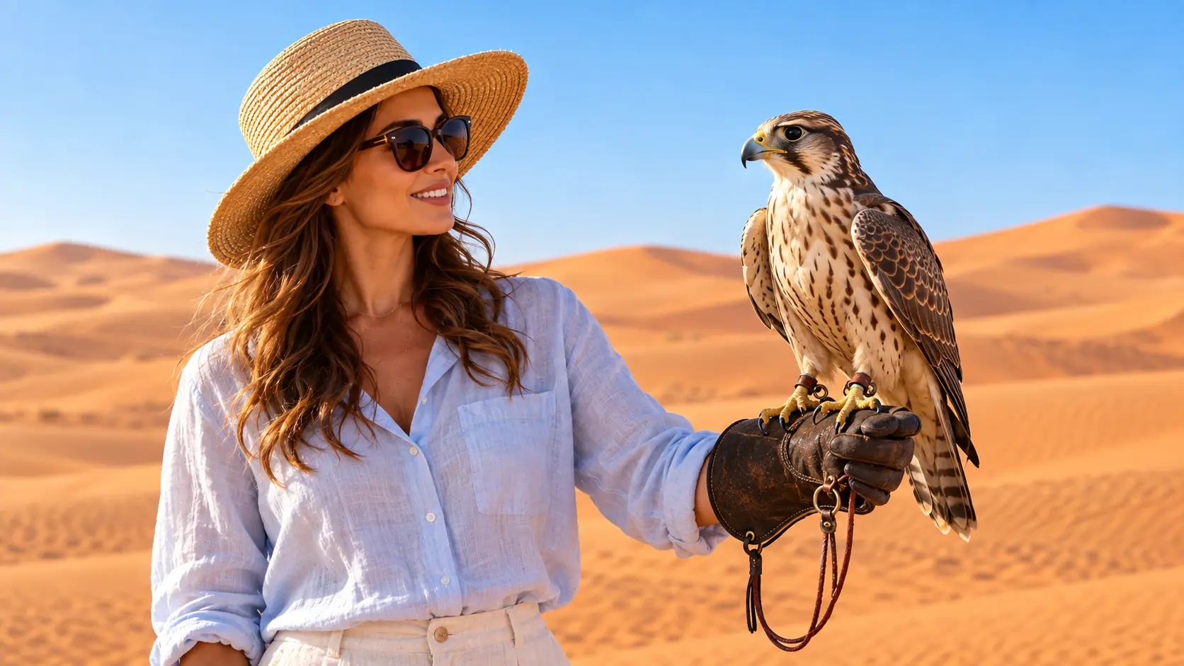 فرصة التقاط الصور مع الصقر في صحراء دبي