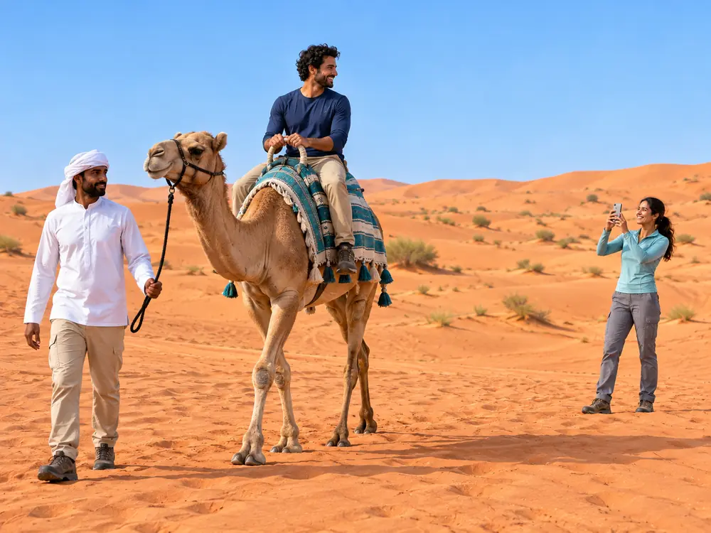ركوب الجمال ضمن سفاري الصحراء الصباحي مع عربة البقي في دبي