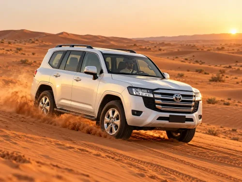 Evening desert safari dune bashing in Lahbab Red Dunes