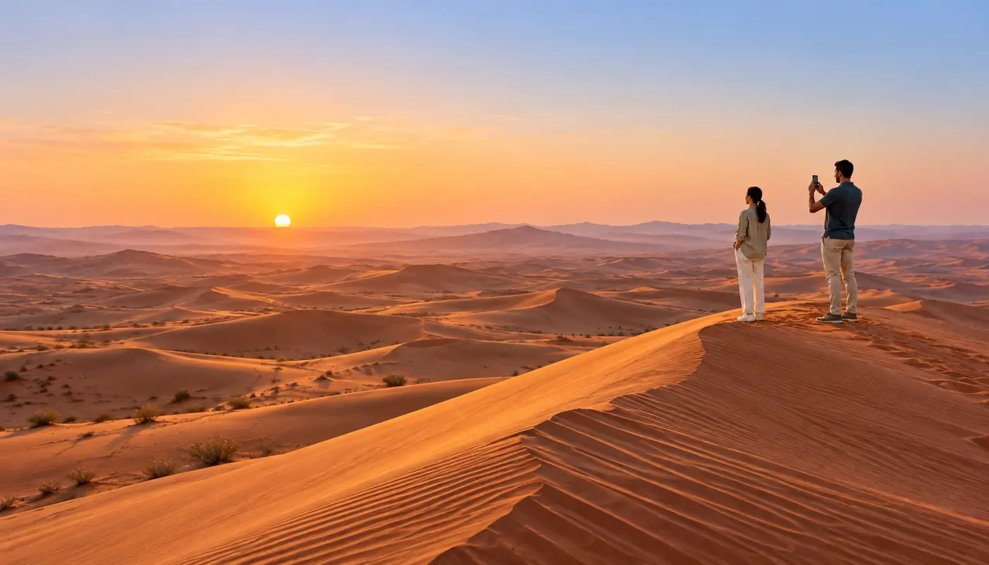تصوير شروق الشمس فوق الكثبان الرملية الحمراء في لهباب دبي