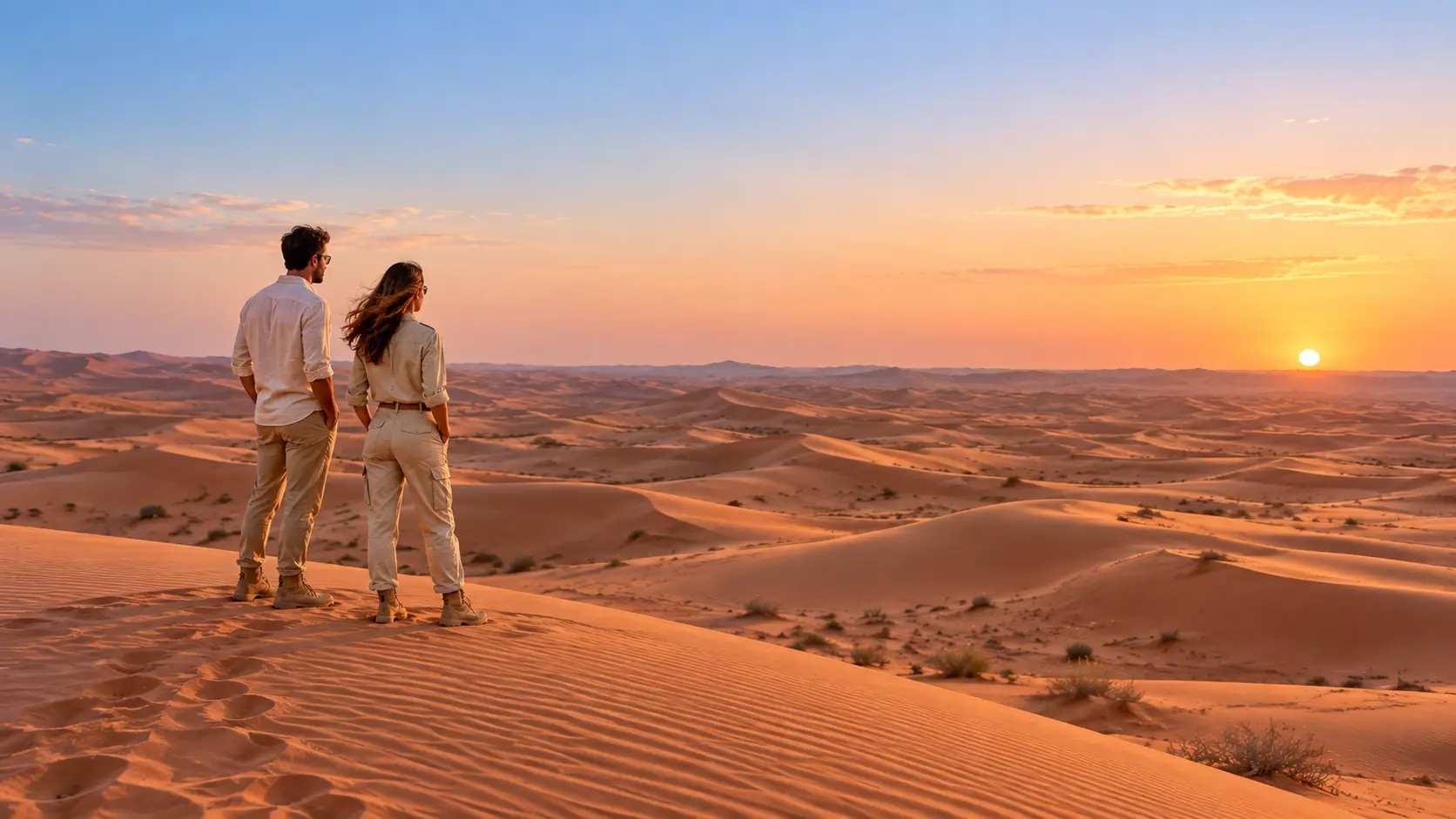 غروب الشمس فوق الكثبان الرملية في صحراء دبي
