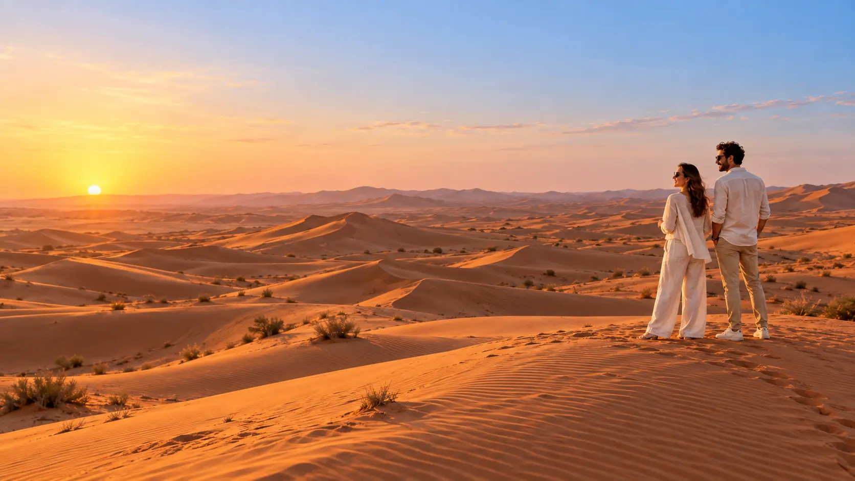 غروب الشمس فوق الكثبان الرملية الحمراء في صحراء دبي