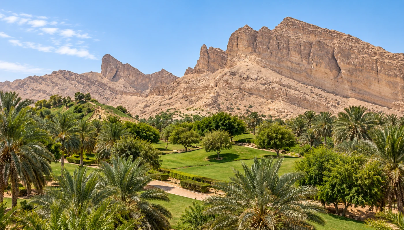 Al Ain city with greenery and Jebel Hafeet mountain