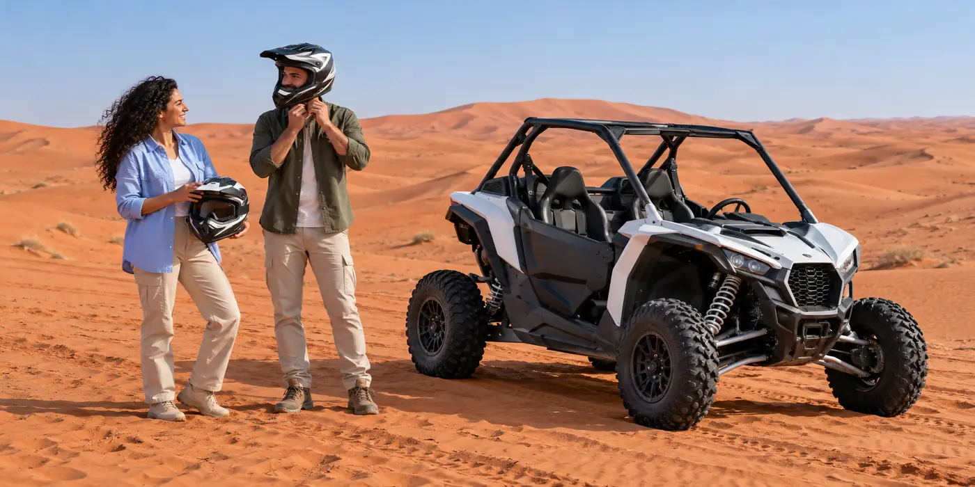 Two guests with Can-Am 1000cc 2-Seater dune buggy Dubai