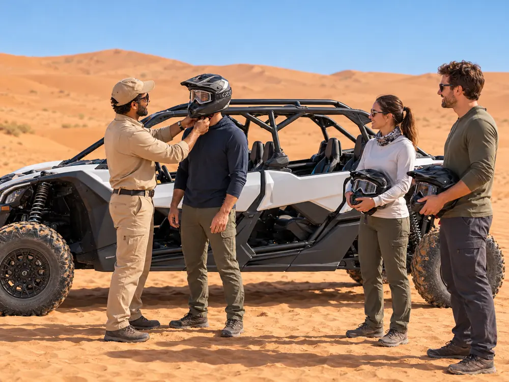 Dune buggy safety briefing before self-drive experience Dubai