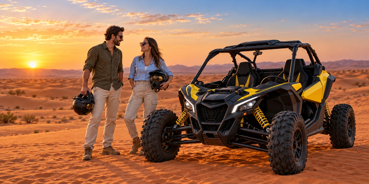 Guests with Can-Am dune buggy during premium Dubai desert evening experience