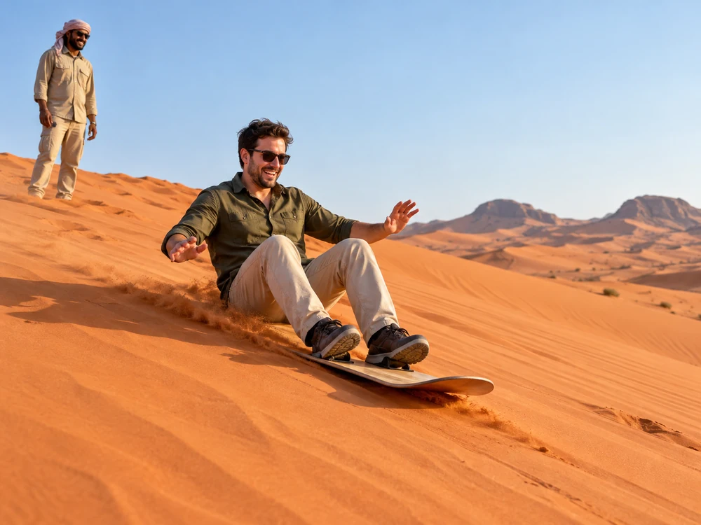 Sandboarding included with Polaris dune buggy experience Dubai