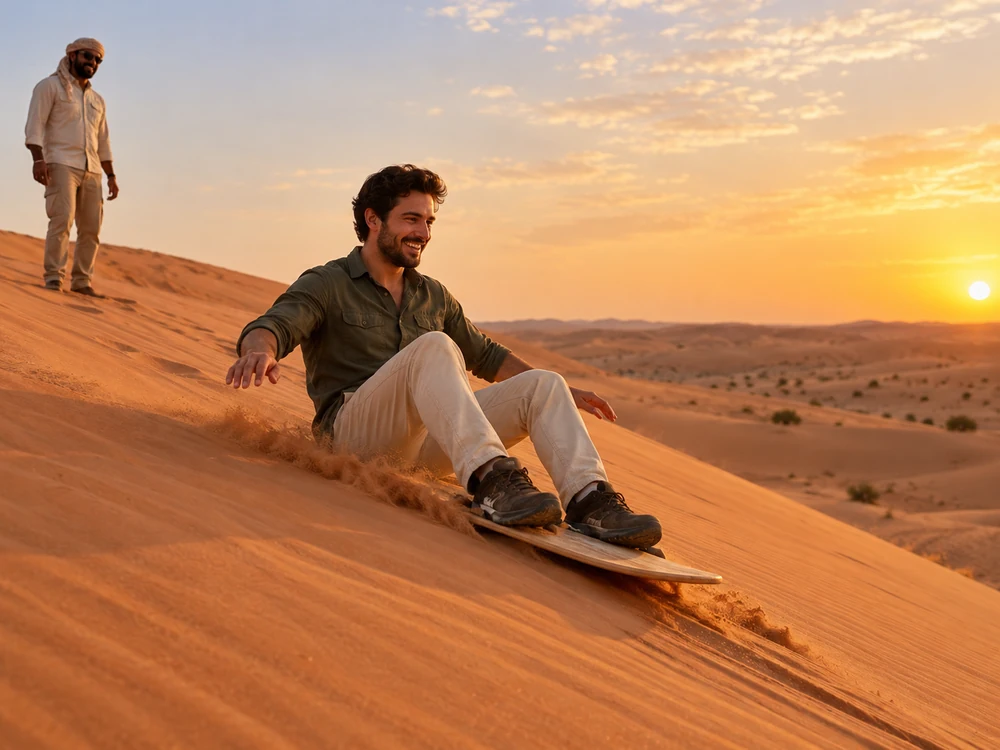 Sandboarding included with Polaris evening desert tour Dubai