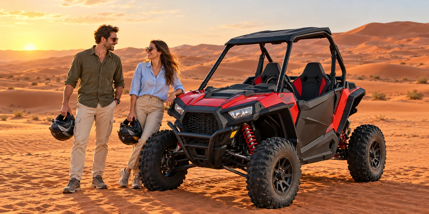 Guests enjoying Polaris dune buggy evening desert experience Dubai